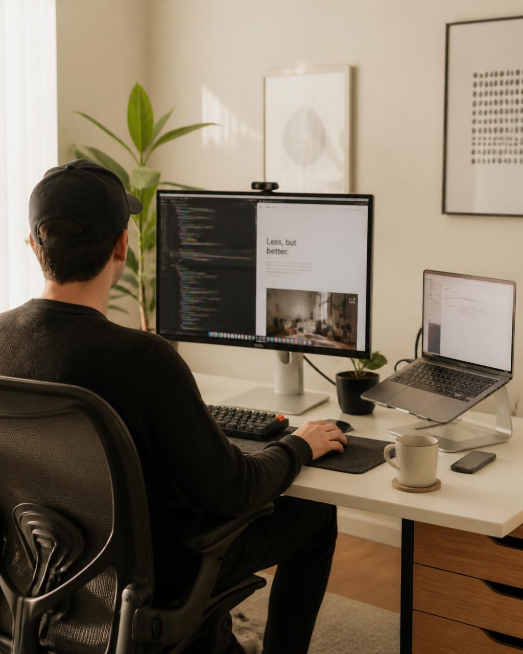 AIgent@Number designer building an AI receptionist at a modern studio desk
